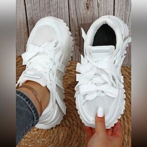 White stylish, chunky double lace up sneakers